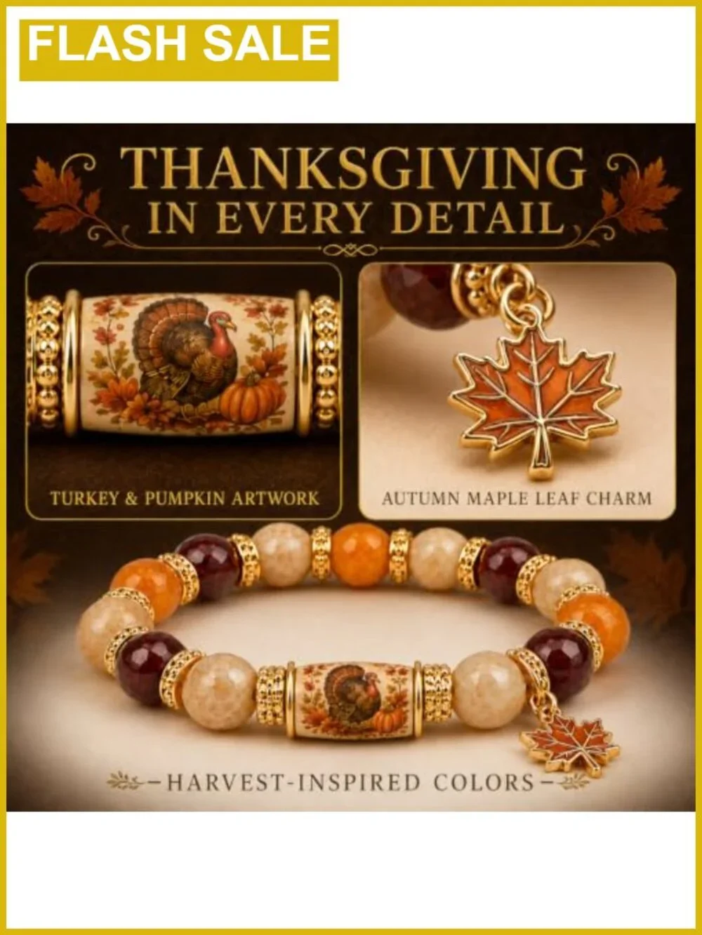 10mm Natural Stone Beaded Stretch Bracelet Pumpkin Maple Leaf Charm